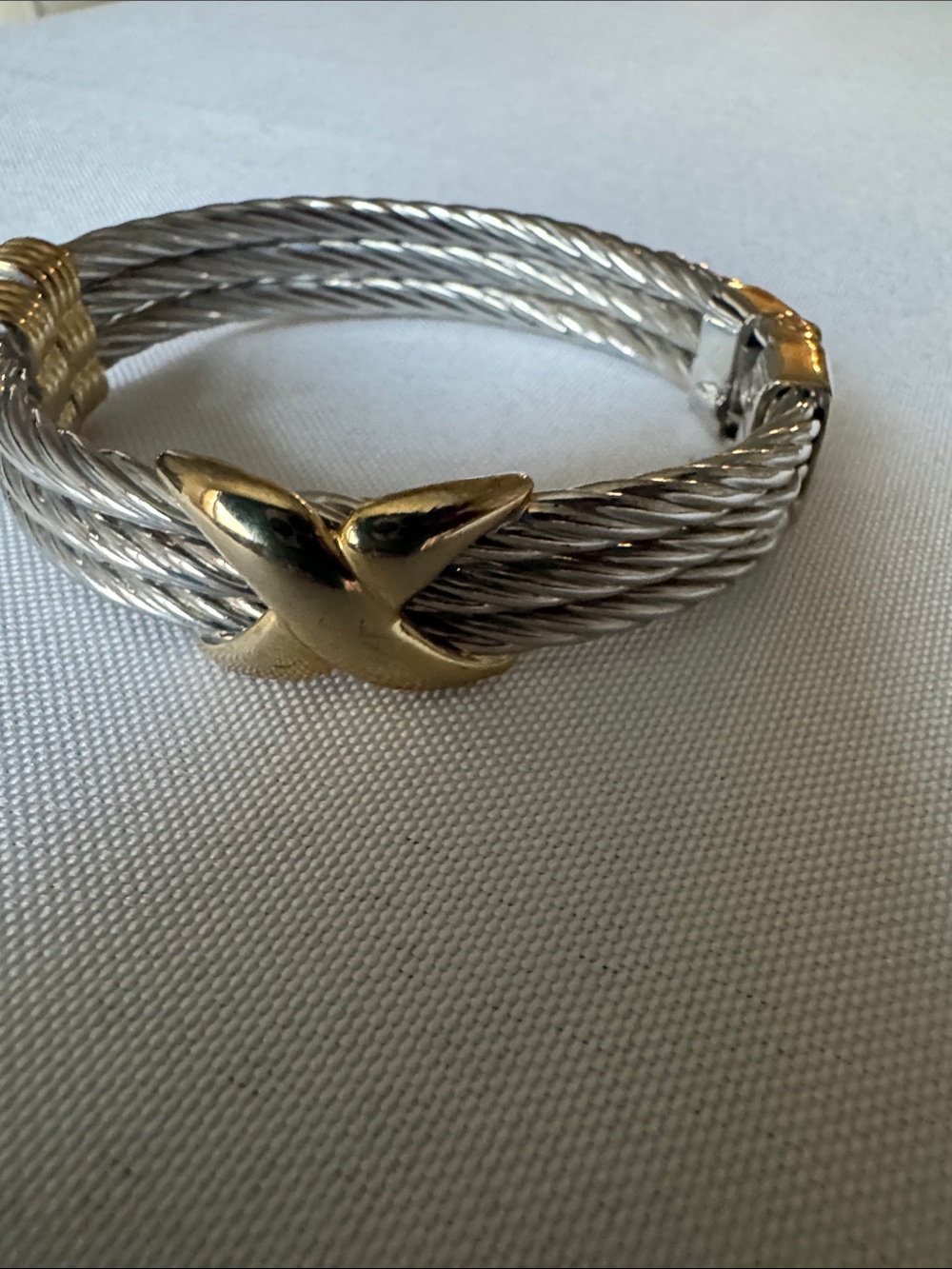 Two-Tone Silver Cable Bracelet with Gold Accent